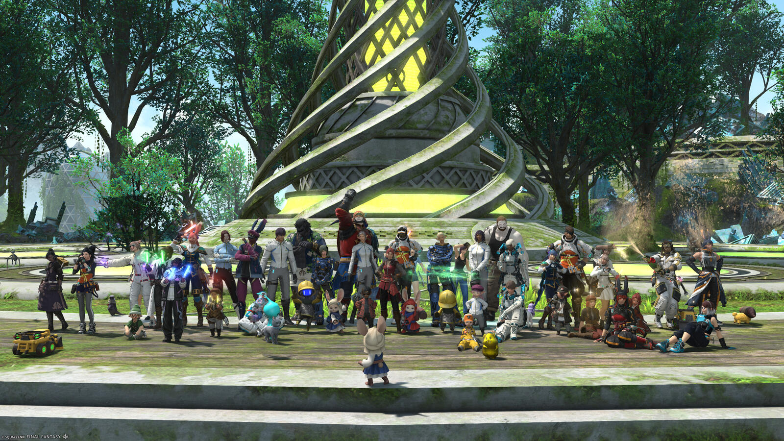 A smaller gathering of Warriors of Light on Excalibur gather again in Sylvan Stacks but now the stone stairs, platform, and spiraling tower have been cleared of foliage and the "Sunning Tower" glows warmly from within.