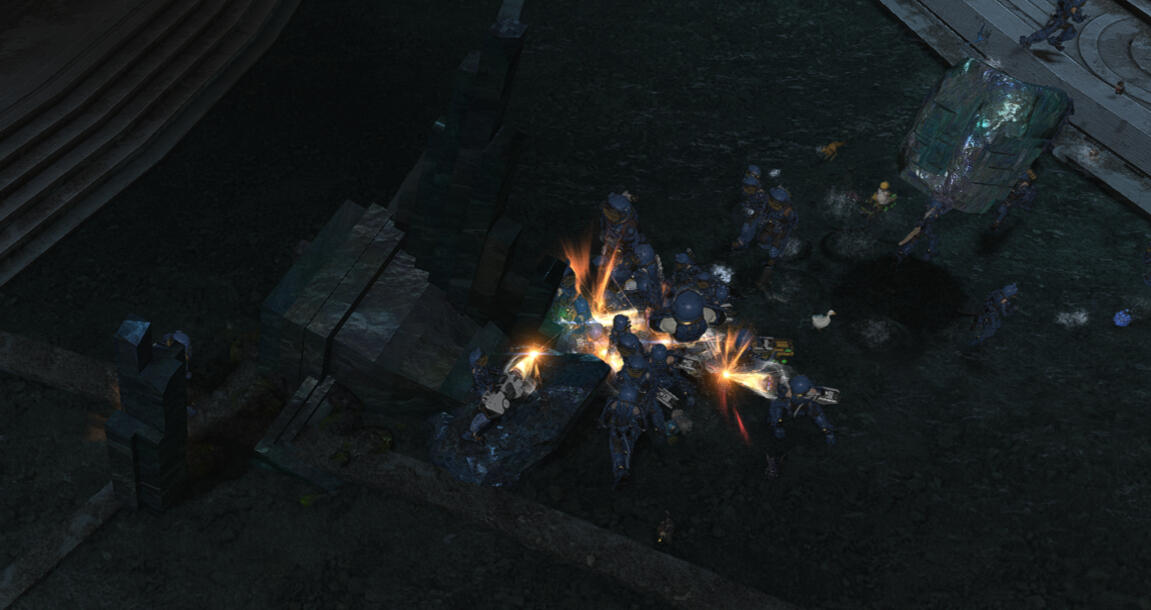 Warriors of Light dressed in blue Power-suits use large drills to excavate massive chunks of shimmering rock.