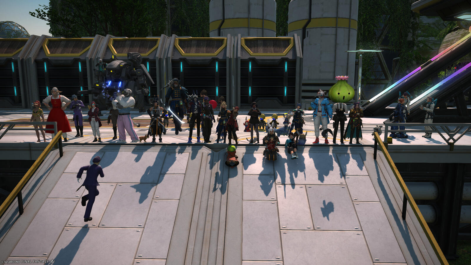 A small cluster of Warriors of Light gathering together for a group photo at the newly-expanded Cosmoport on Auxesia.