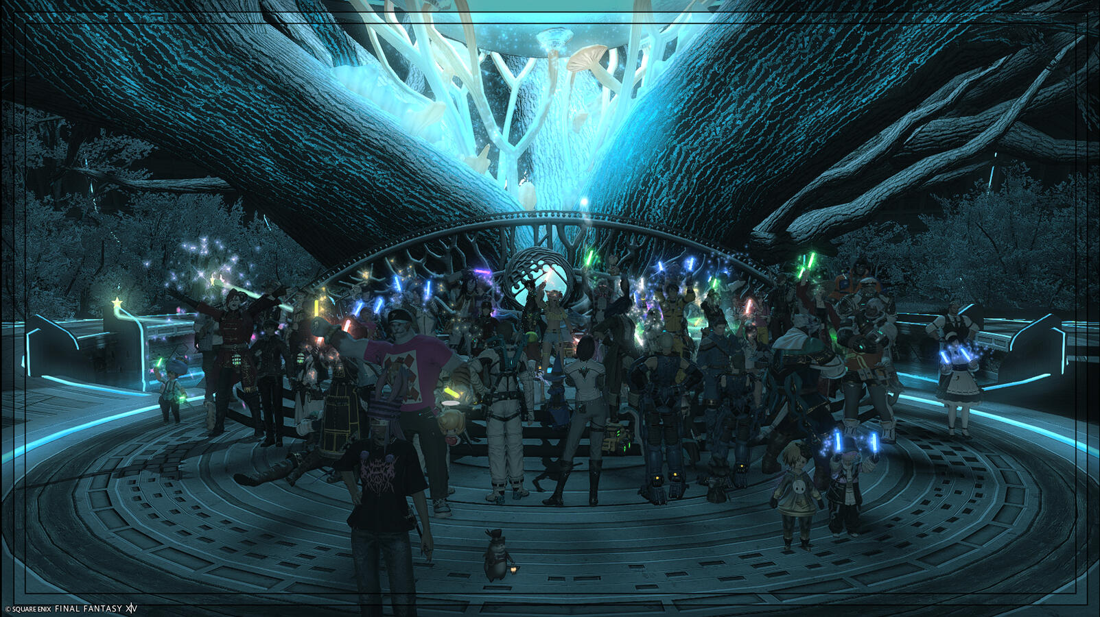 A large group of warriors of light celebrate with colorful light-sticks in the cool, aqua glow of the revived Grandma Laurel tree at the core of Auxesia (instance 1 crew).