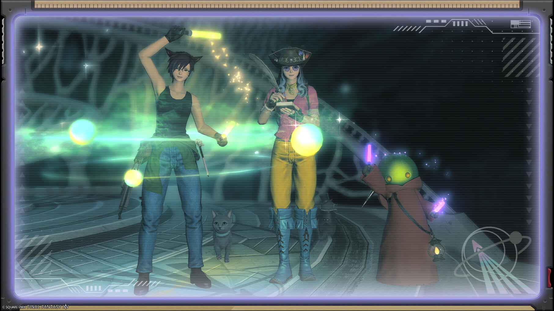 Peridot Grayflame, a miqo'te in a dark tank-top and blue jeans with the Stellar Contributor aura waves glowing yellow light-sticks cheerfully. Melodic Cerulean, a miqo'te in a pink shirt, yellow pants, and blue boots takes notes. Waffle Stacks aka Confett